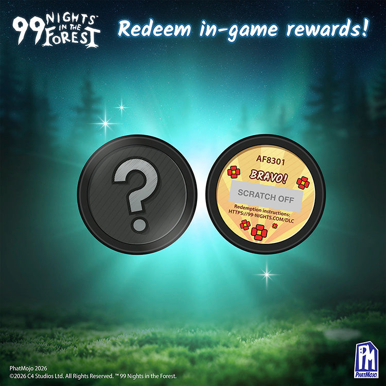 99 Nights In The Forest Series 1 in-game rewards redemption tokens with a question mark and scratch-off details.