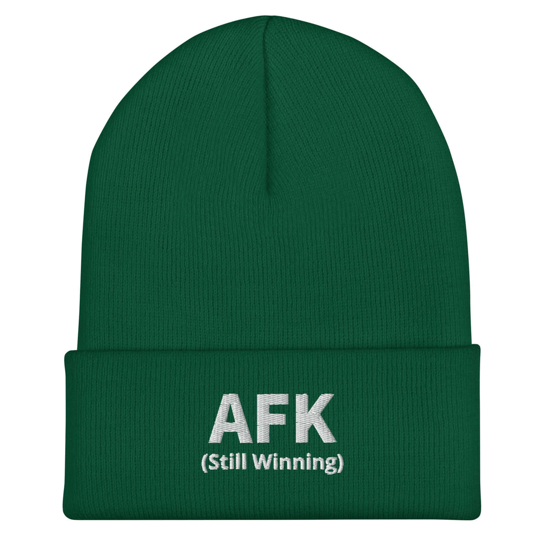 AFK Cuffed Beanie in green with 'AFK (Still Winning)' embroidered text, perfect for warmth and style.