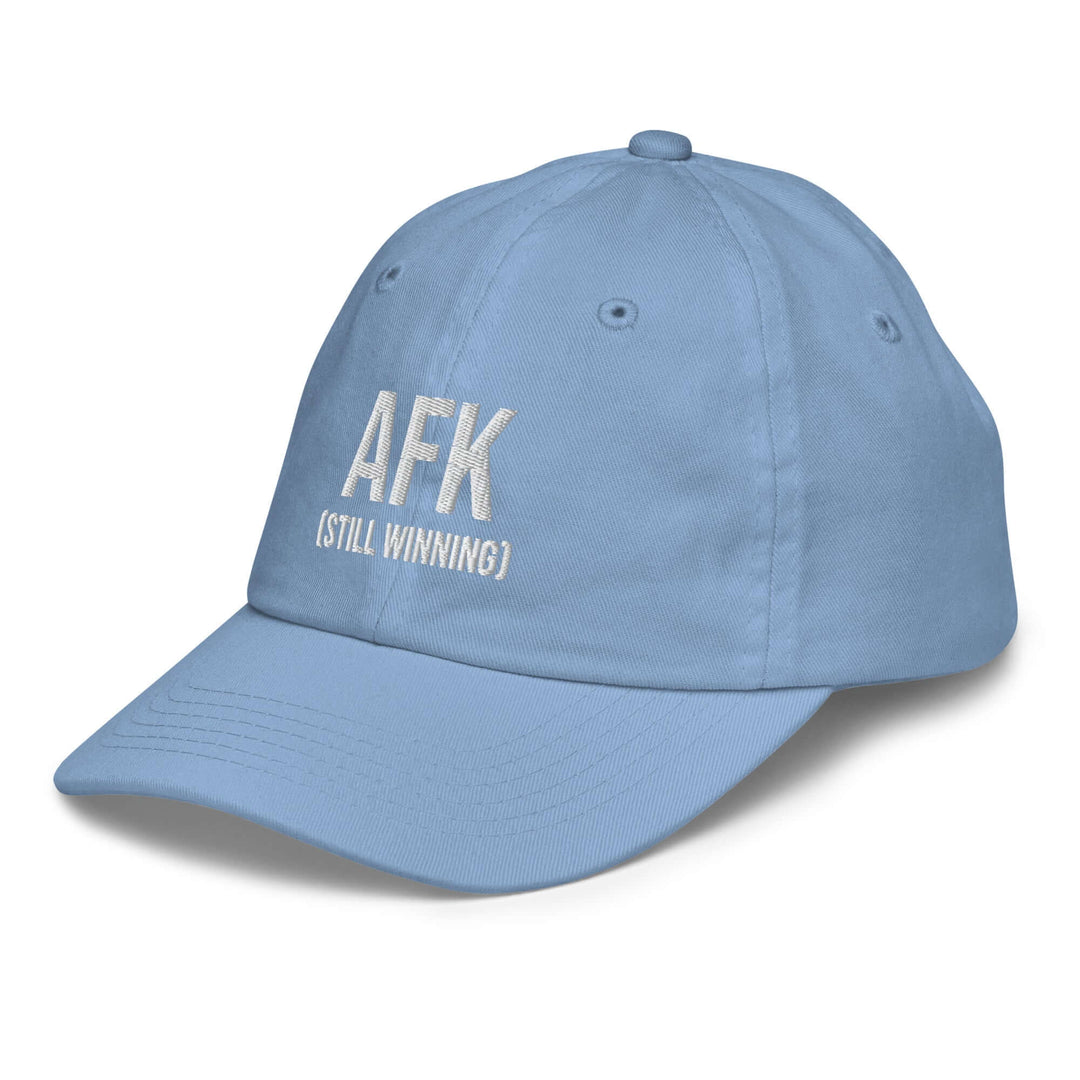 AFK Youth baseball cap in light blue with embroidered text 'AFK (STILL WINNING)' and adjustable strap.