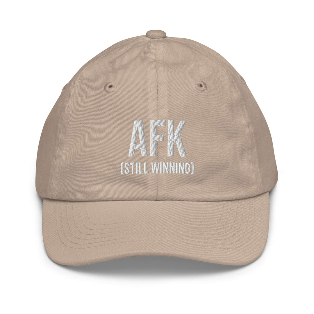 AFK Youth baseball cap in beige color with embroidered text AFK (STILL WINNING) for stylish sun protection.