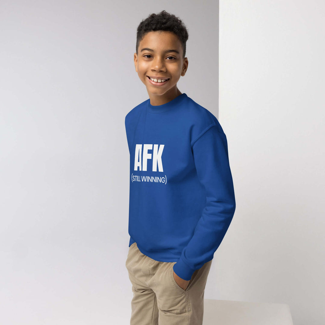 AFK youth crewneck sweatshirt in blue, featuring the text &