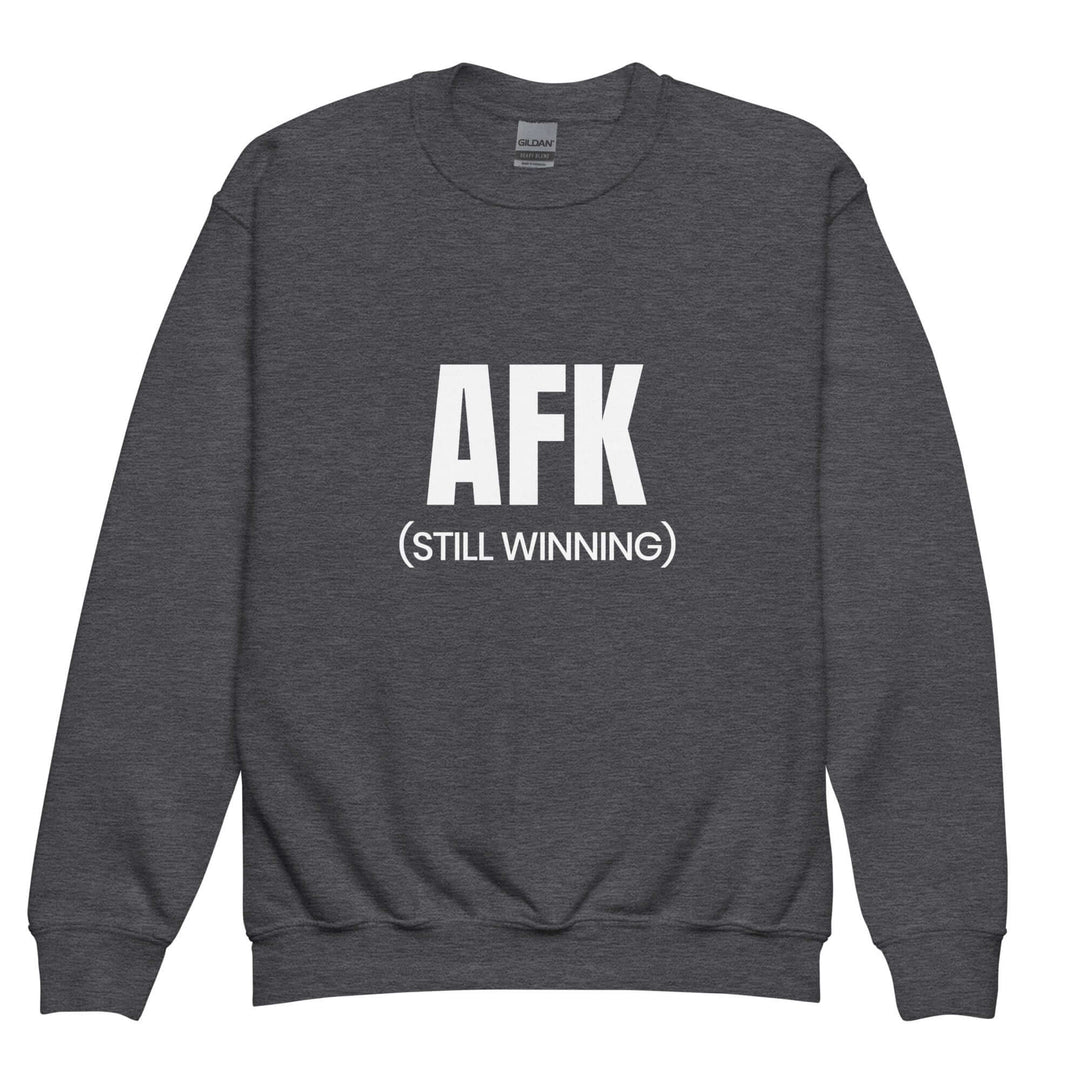 AFK youth crewneck sweatshirt in dark gray with bold white text saying "AFK (STILL WINNING)" for kids.