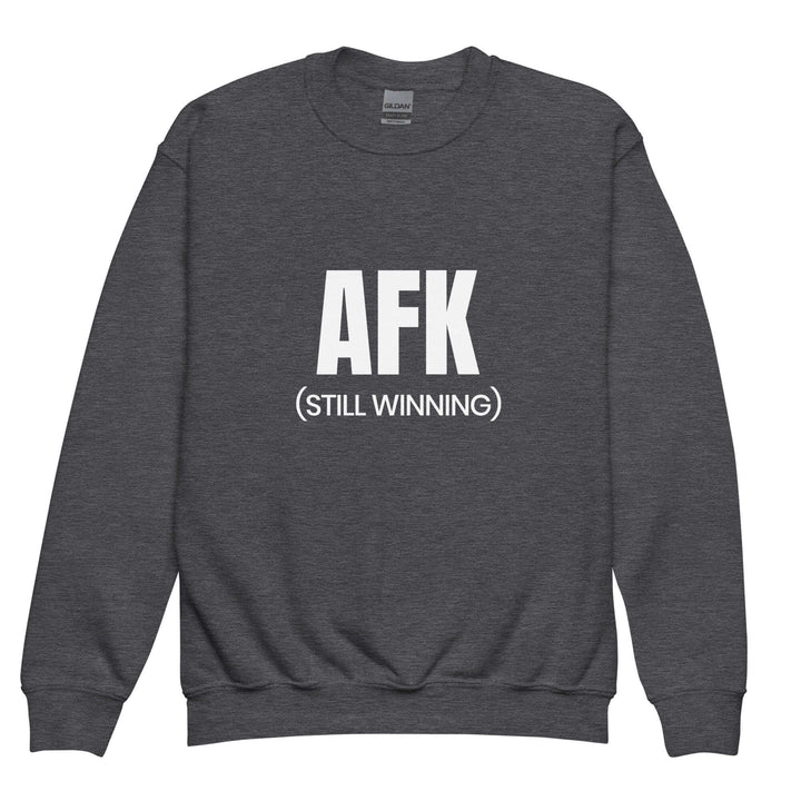 AFK youth crewneck sweatshirt in dark gray with bold white text saying "AFK (STILL WINNING)" for kids.