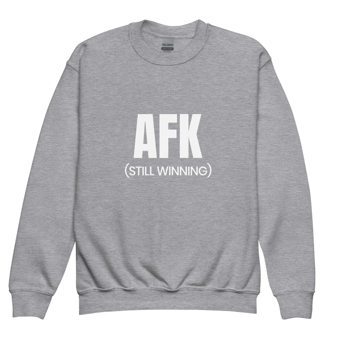 AFK youth crewneck sweatshirt in grey with bold text saying AFK (STILL WINNING), perfect for stylish kids.
