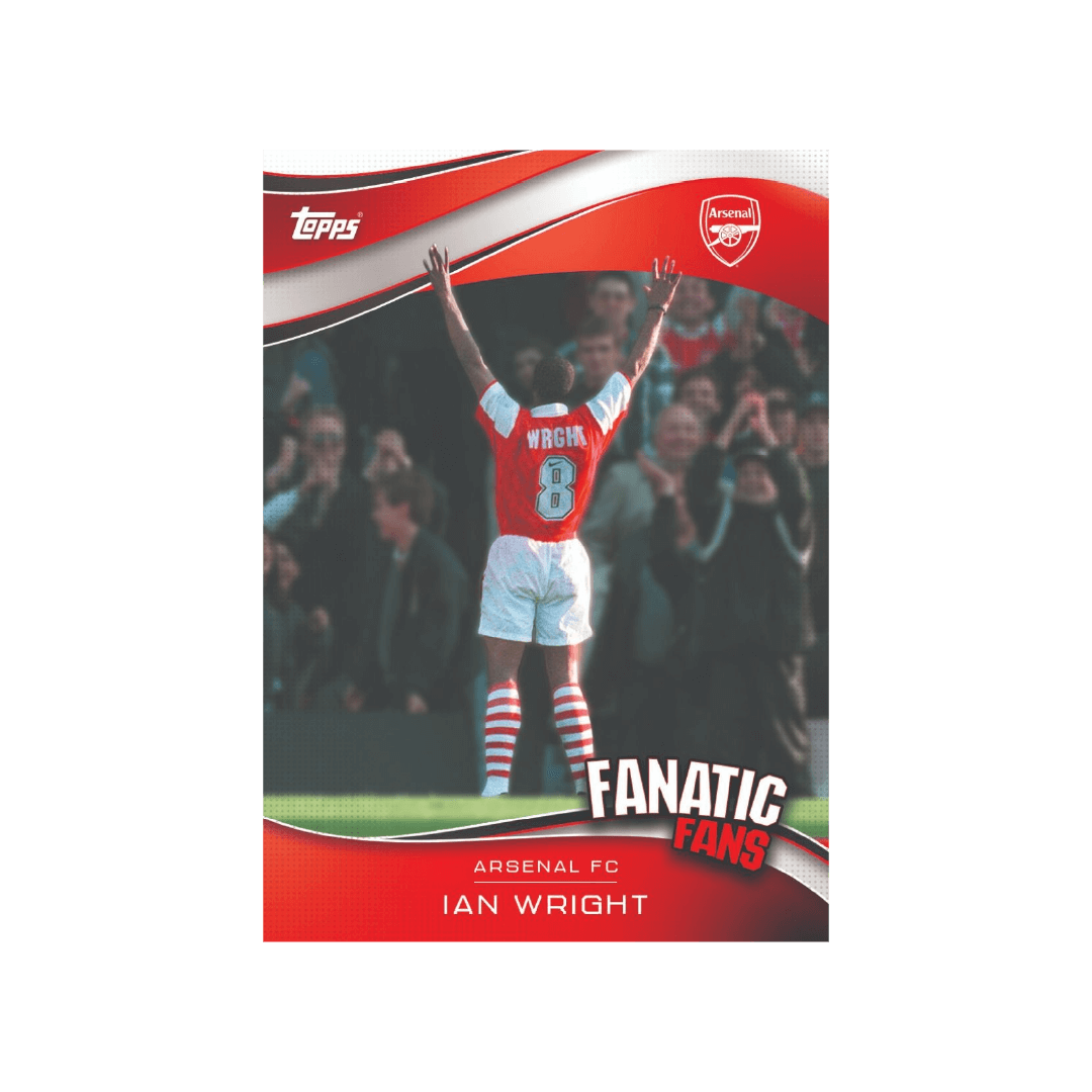 Arsenal FC Ian Wright card from Topps 2024/25 Fan Set showcasing a legendary player in action.