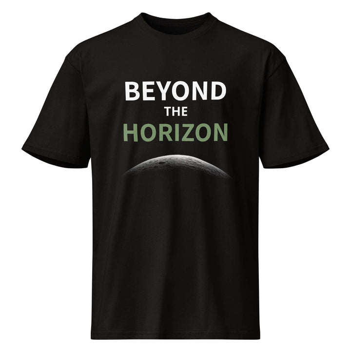 Beyond the Horizon Cotton Heritage premium short sleeve t-shirt for men in black with graphic design.