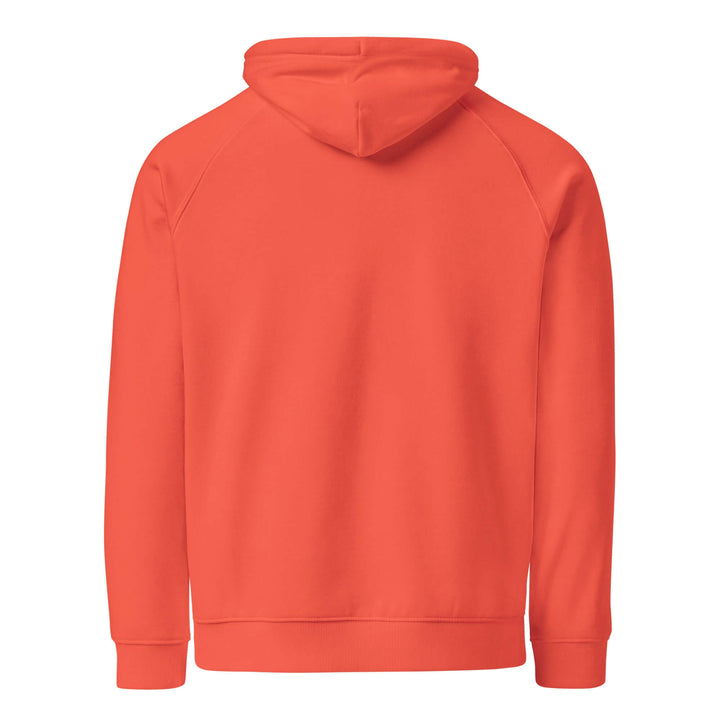 Back view of the eco-friendly unisex hoodie in vibrant orange, featuring a cozy design and stylish hood.