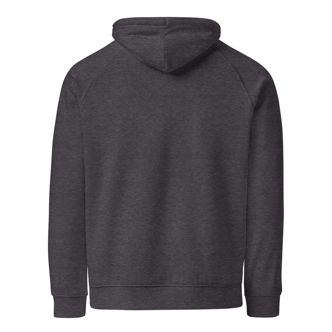 Back view of the Beyond the horizon eco-friendly unisex hoodie in dark gray color.