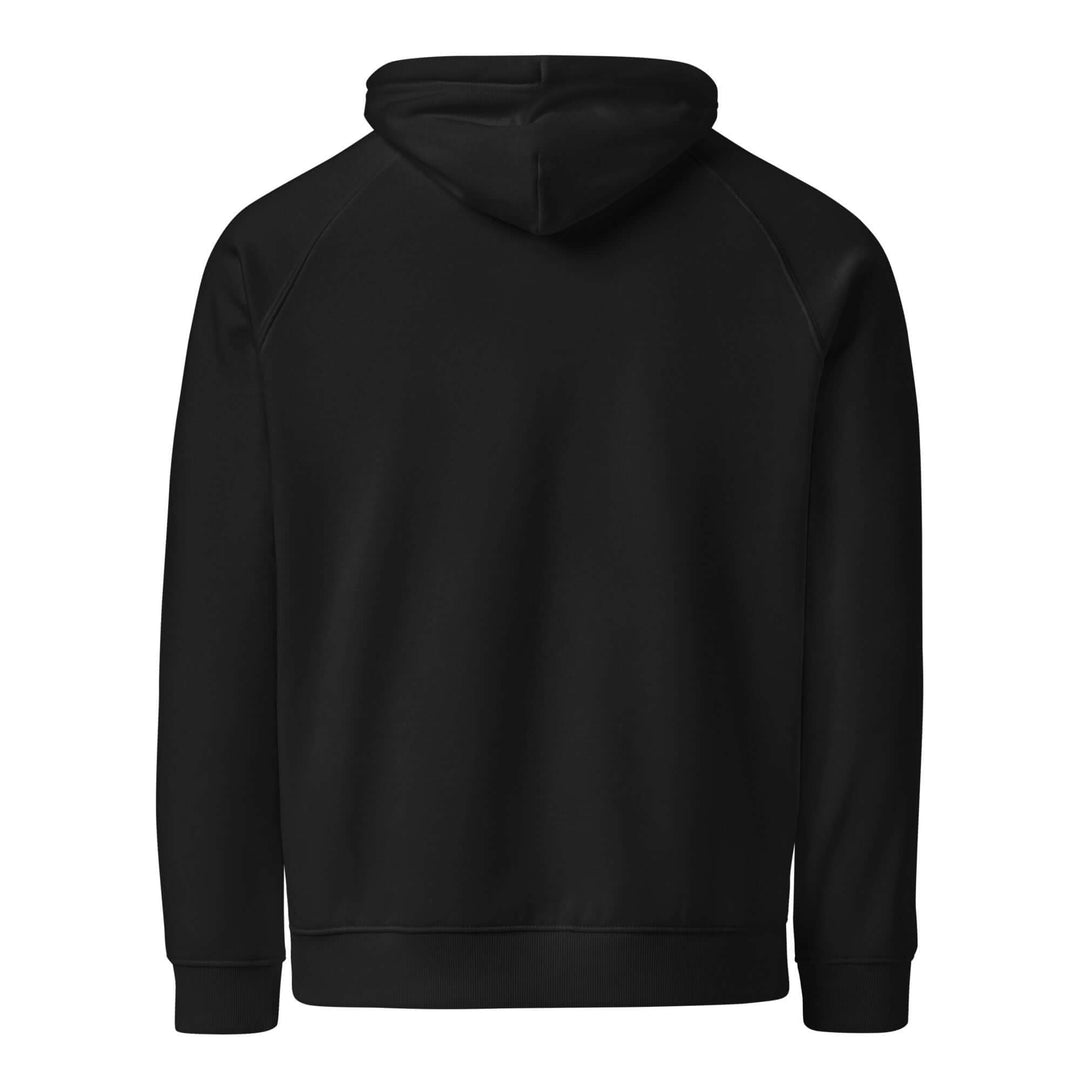 Back view of the Beyond the horizon eco-friendly unisex hoodie in black, showcasing its stylish design.