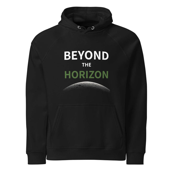 Beyond the horizon unisex eco raglan hoodie on a black background, featuring eco-friendly unisex hoodie design.