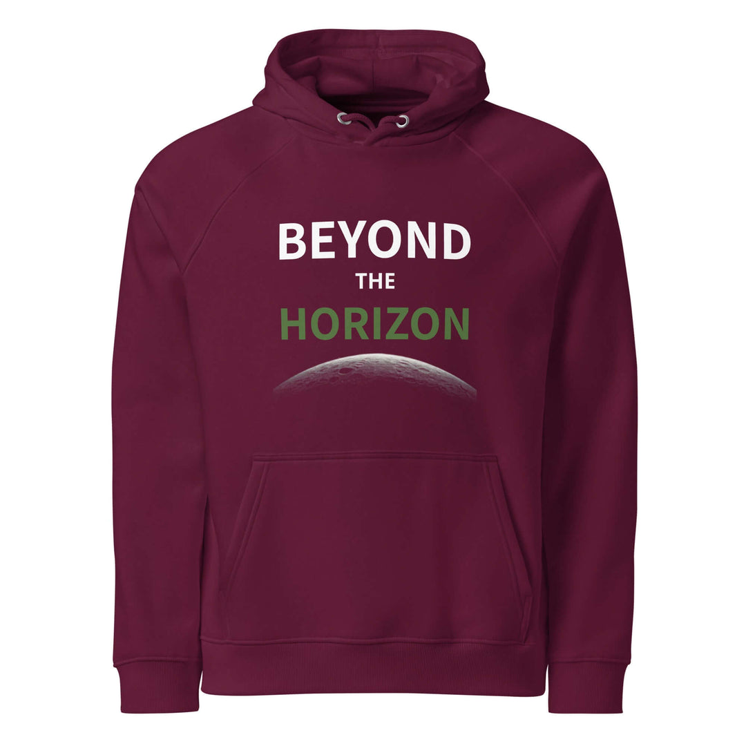 Beyond the horizon unisex eco-friendly unisex hoodie in burgundy with stylish graphic design.