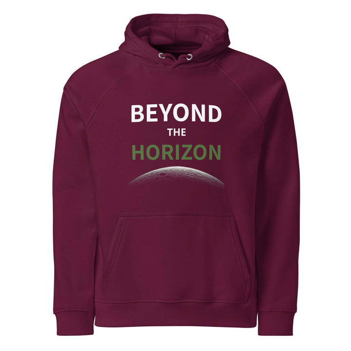 Beyond the horizon unisex eco-friendly unisex hoodie in burgundy with stylish graphic design.