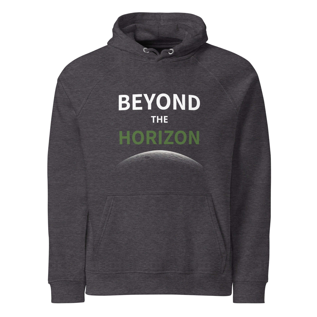 Beyond the horizon eco-friendly unisex hoodie in dark grey with stylish print.