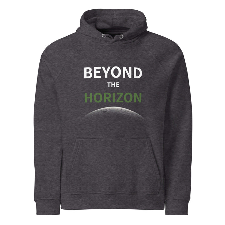 Beyond the horizon eco-friendly unisex hoodie in dark grey with stylish print.