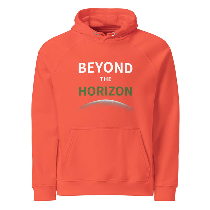 eco-friendly unisex hoodie in bright orange with "BEYOND THE HORIZON" printed on front.