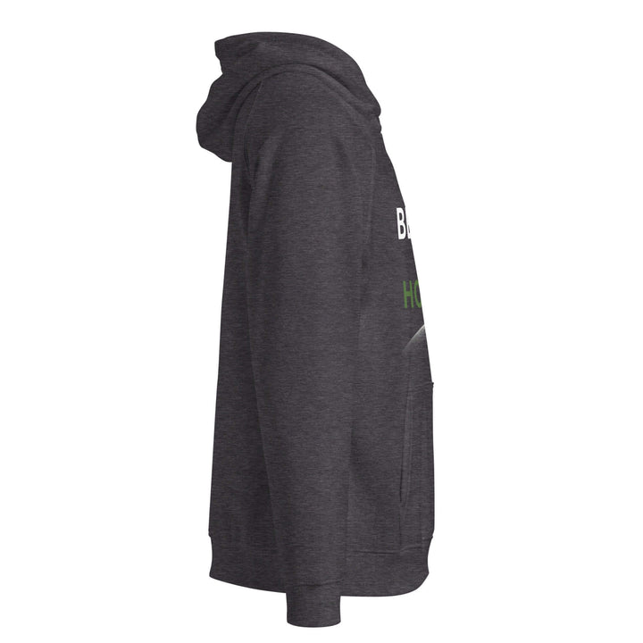 Side view of the eco-friendly unisex hoodie in dark gray, showcasing its stylish design and comfort features.