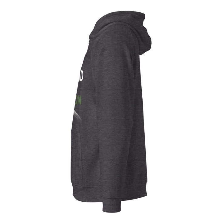 Side view of an eco-friendly unisex hoodie, showcasing its stylish design and comfortable fit.