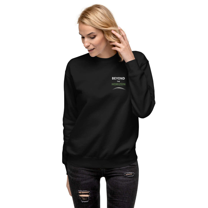 Model wearing a stylish Beyond the Horizon unisex premium sweatshirt in black, showcasing a trendy design.