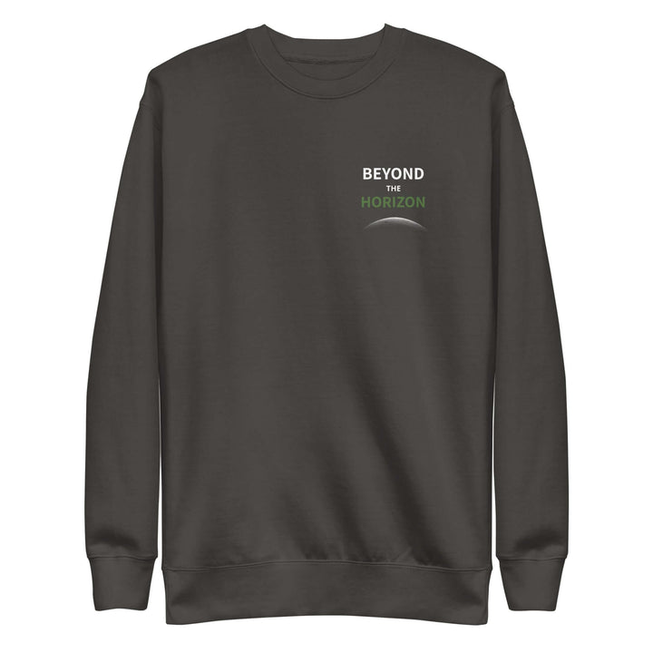 Beyond the Horizon Unisex Premium Sweatshirt in charcoal color, featuring a classic crew neck and soft fleece inside.