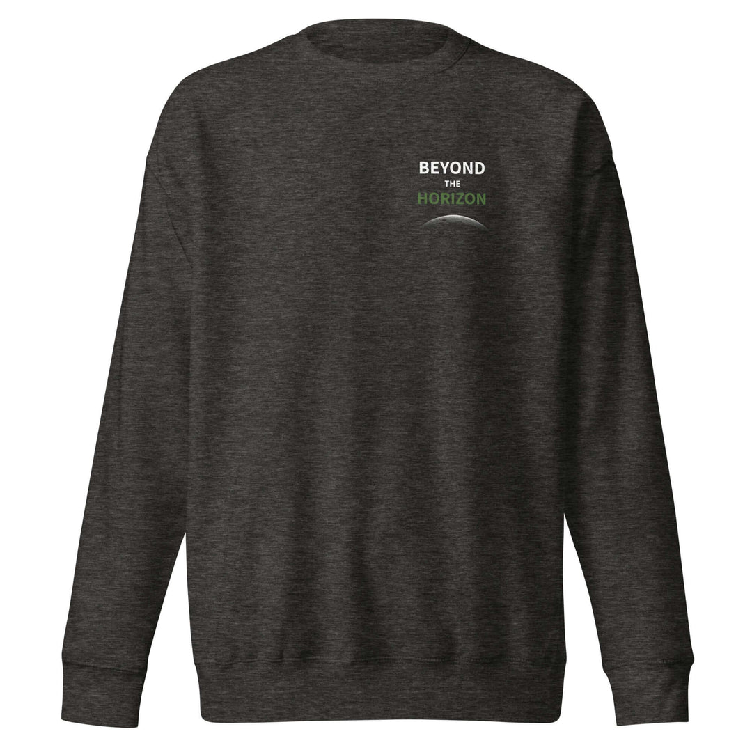 Beyond the Horizon Unisex Premium Sweatshirt in dark gray with ribbed crew neck and long sleeves.