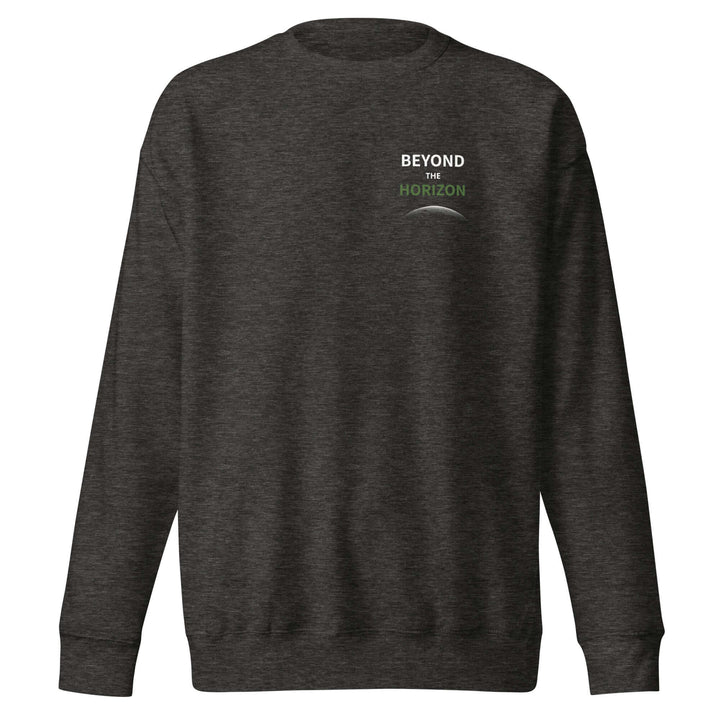 Beyond the Horizon Unisex Premium Sweatshirt in dark gray with ribbed crew neck and long sleeves.