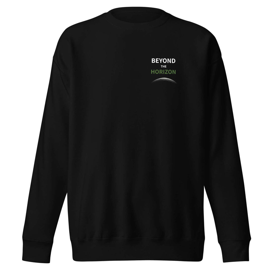 Beyond the Horizon Unisex Premium Sweatshirt in black featuring ribbed crew neck and stylish logo.