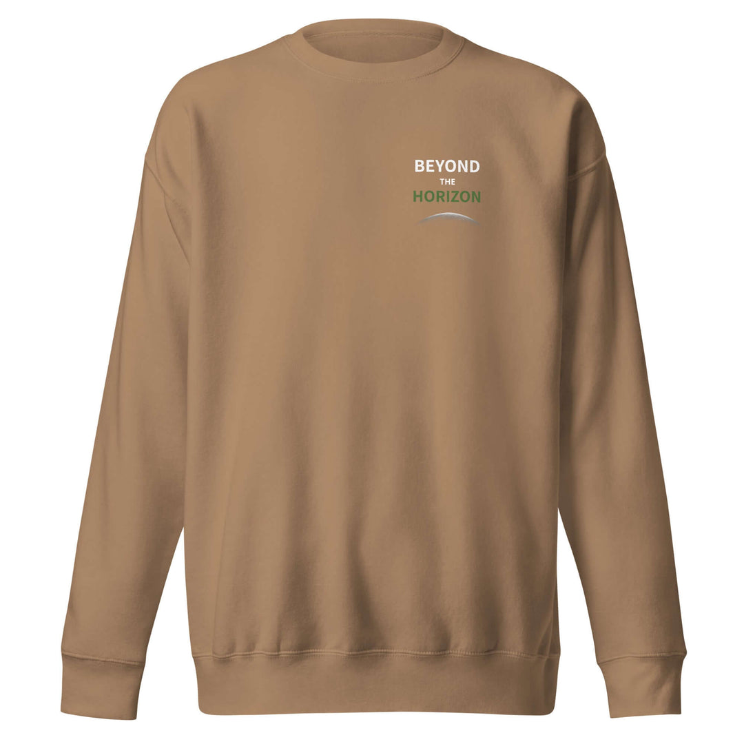 Beyond the Horizon Unisex Premium Sweatshirt in tan color with ribbed crew neck and long sleeves.