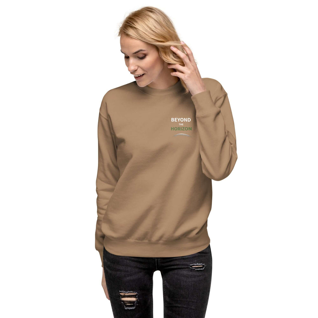 Beyond the Horizon Unisex Premium Sweatshirt worn by a model with a casual pose.