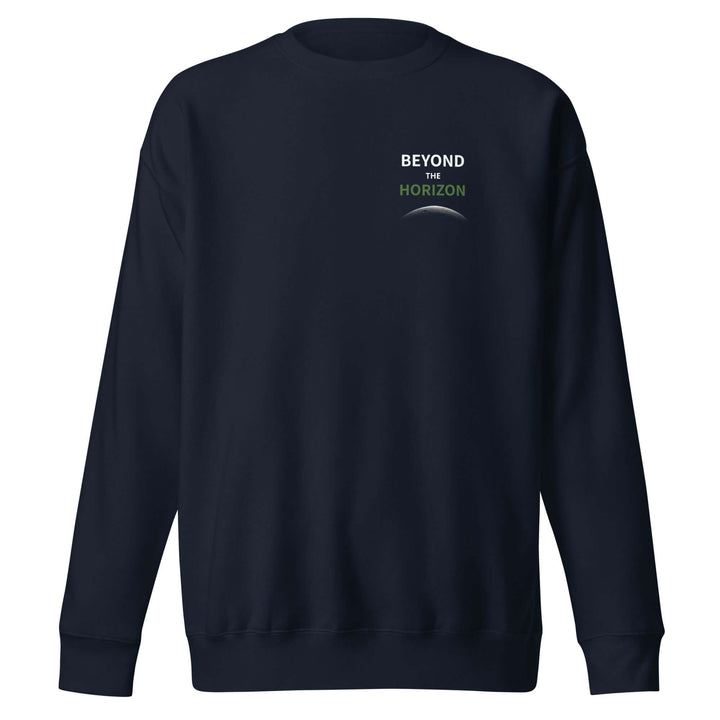 Beyond the Horizon Unisex Premium Sweatshirt in navy blue with ribbed neck and cuffs.