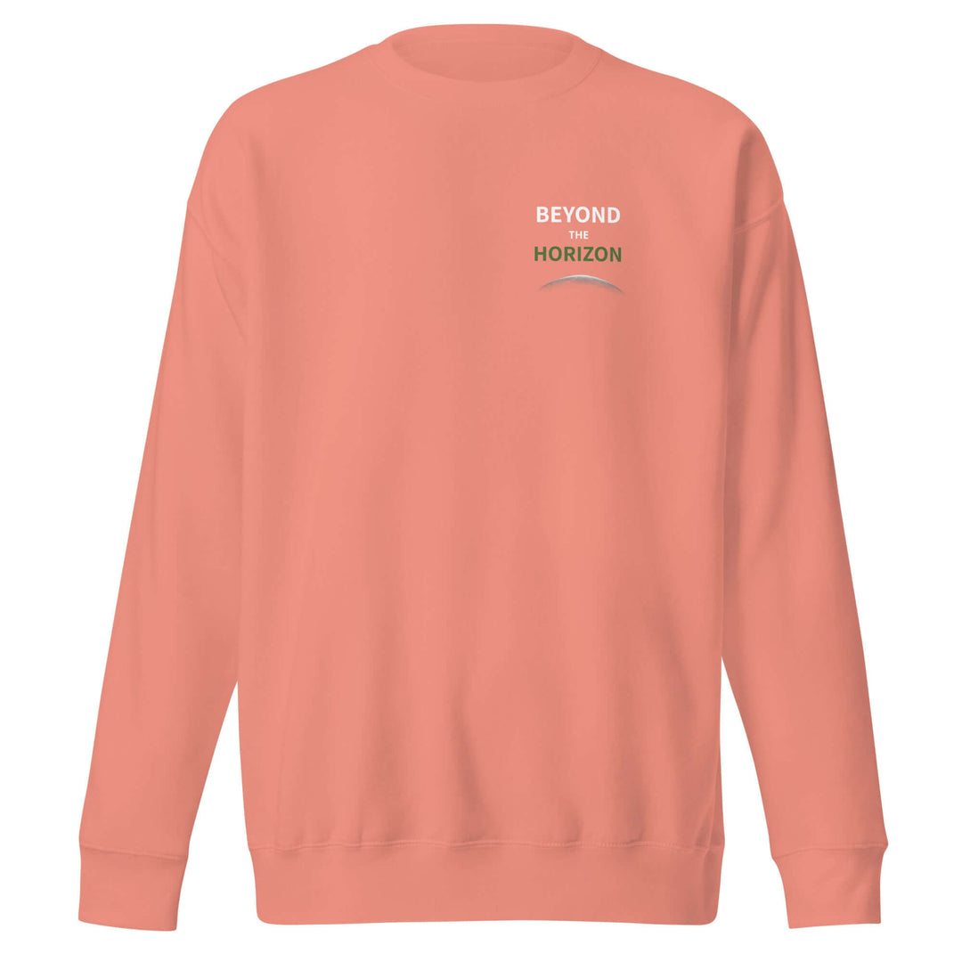 Beyond the Horizon Unisex Premium Sweatshirt in coral color, featuring ribbed crew neck and long sleeves.