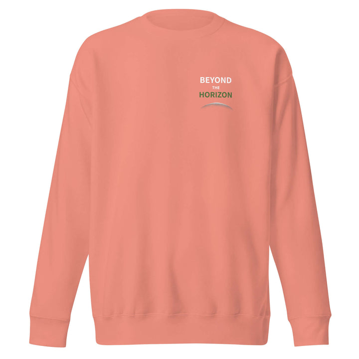 Beyond the Horizon Unisex Premium Sweatshirt in coral color, featuring ribbed crew neck and long sleeves.