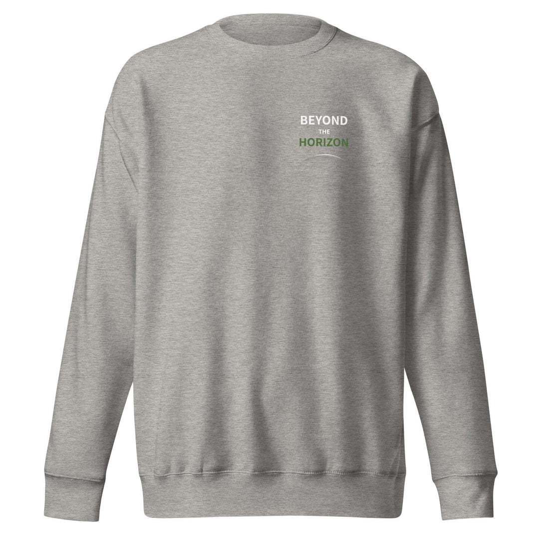 Beyond the Horizon Unisex Premium Sweatshirt in grey with ribbed crew neck, front logo design.
