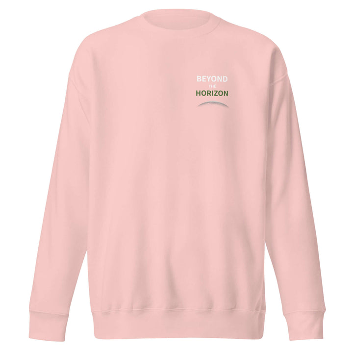 Beyond the Horizon Unisex Premium Sweatshirt in pink with ribbed crew neck and long sleeves.