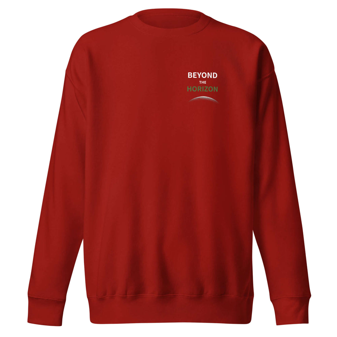 Beyond the Horizon unisex premium sweatshirt in red color featuring a crew neck and long sleeves.