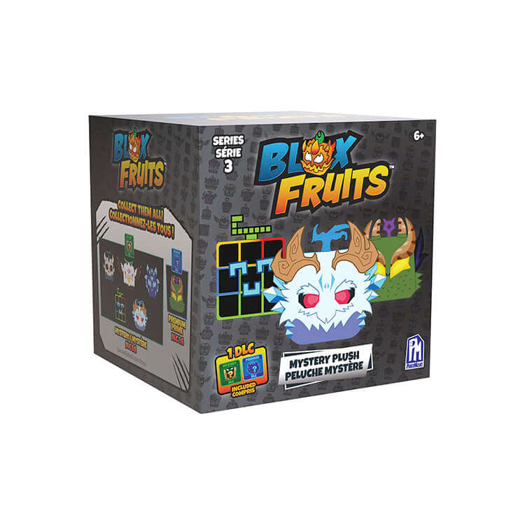 Blox Fruits 8" Collectable Plush Series 3 Mystery Deluxe Plush box featuring unique character designs and bonus DLC code.