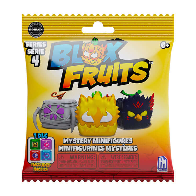 Blox Fruits Series 4 minifigures mystery bag featuring vibrant collectible figures and bonus DLC code.