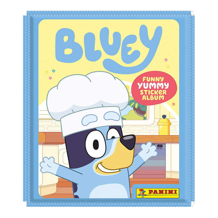 Bluey Funny Yummy Sticker Collection album featuring a playful character in a kitchen setting.