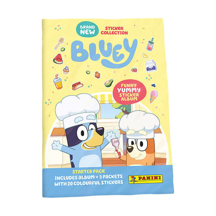 Bluey Funny Yummy Sticker Collection starter pack includes album and 20 colorful stickers by Panini.