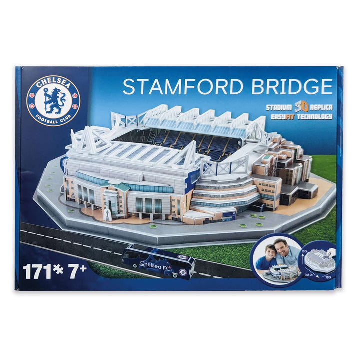 Chelsea Stamford Bridge Stadium 3D Puzzle box featuring a detailed replica of Stamford Bridge stadium.
