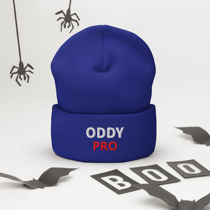 Oddy Pro Cuffed Beanie in blue, featuring embroidered logo, perfect for keeping warm and stylish.
