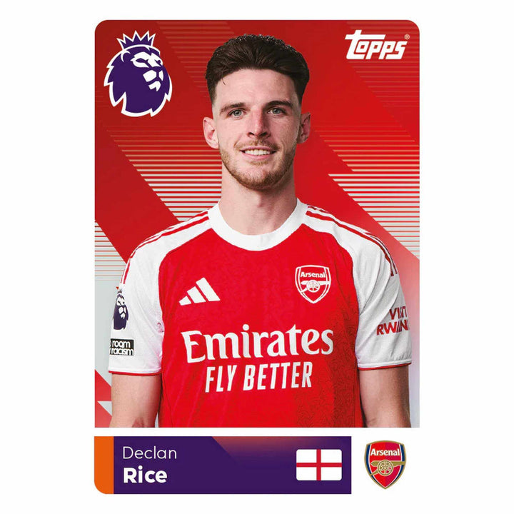 Premier League 2026 Stickers Starter Pack featuring Declan Rice in Arsenal kit.