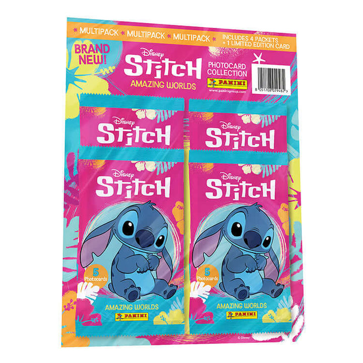 Disney Stitch Amazing Worlds Photocard Collection multipack featuring colorful packaging and character design.