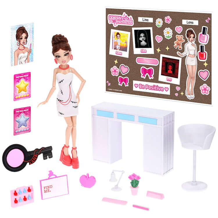 Dress To Impress Series 1 Lana Deluxe Fashion Doll set with accessories, featuring Lana in stylish outfit and themed items.