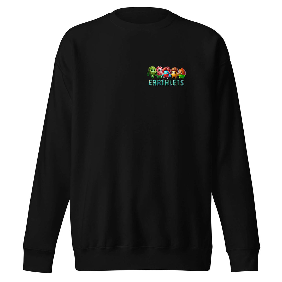 Earthlets unisex premium sweatshirt in black with colorful logo design on the front.