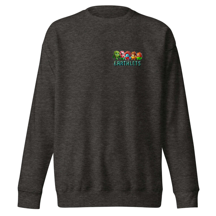 Earthlets unisex premium sweatshirt in dark heather gray with colorful Earthlets logo.