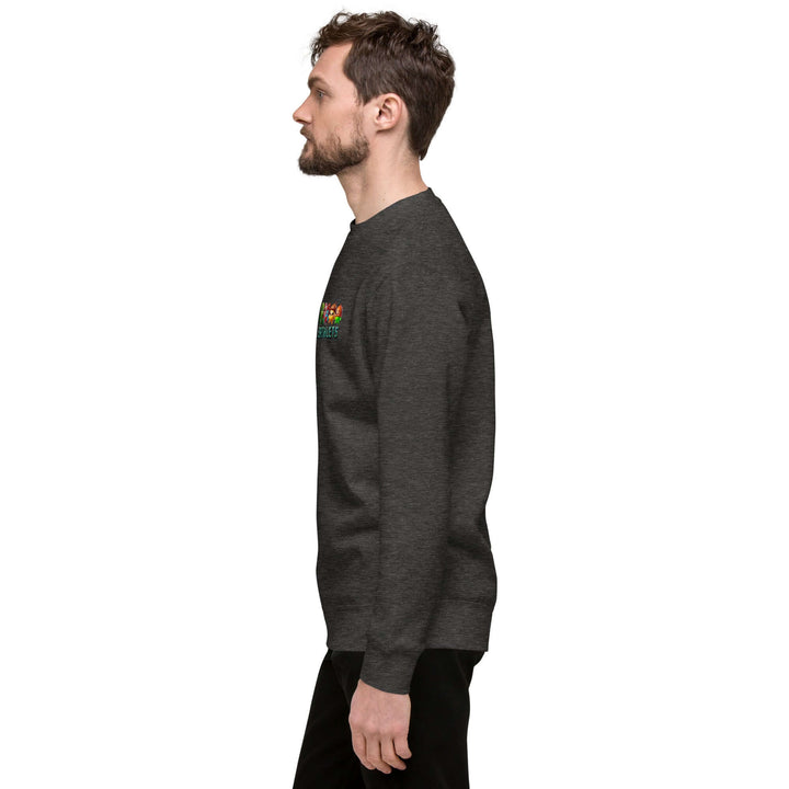 Side view of a man wearing the Earthlets Unisex Premium Sweatshirt in charcoal color.