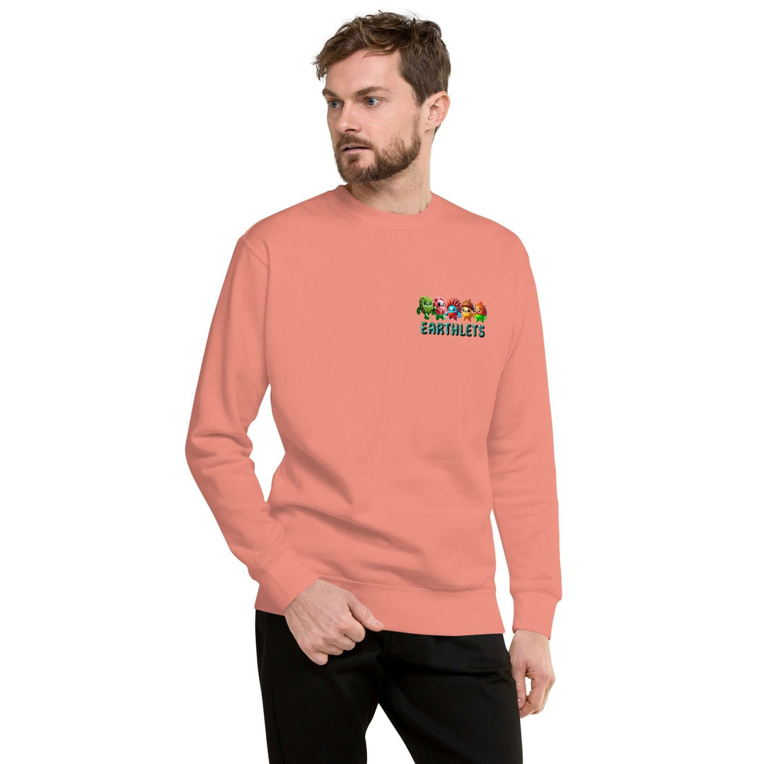 Model wearing an Earthlets unisex premium sweatshirt in coral color, showcasing modern streetwear style.
