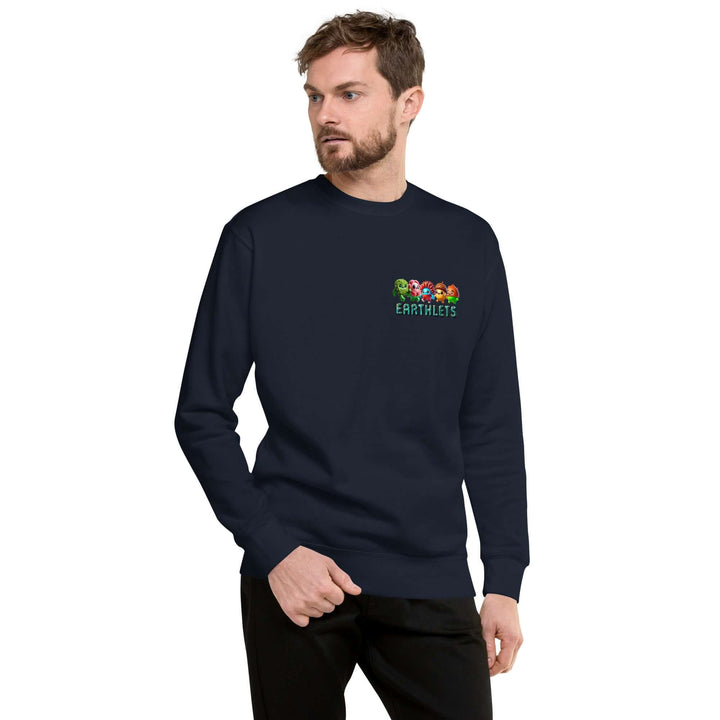 Man wearing Earthlets unisex premium sweatshirt in navy with colorful graphic on chest.