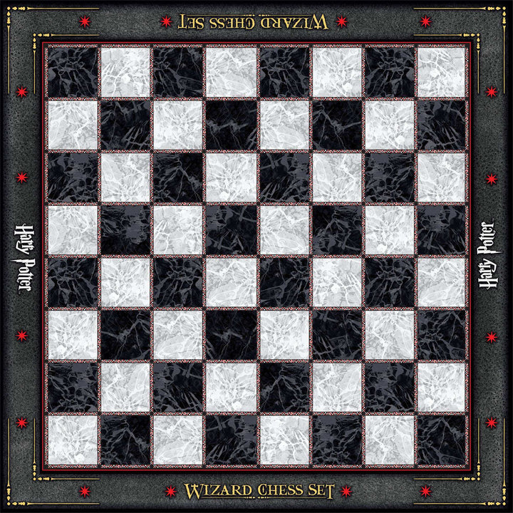 Elegant black and white board of the Harry Potter chess set, featuring a wizard-themed design for exciting gameplay.