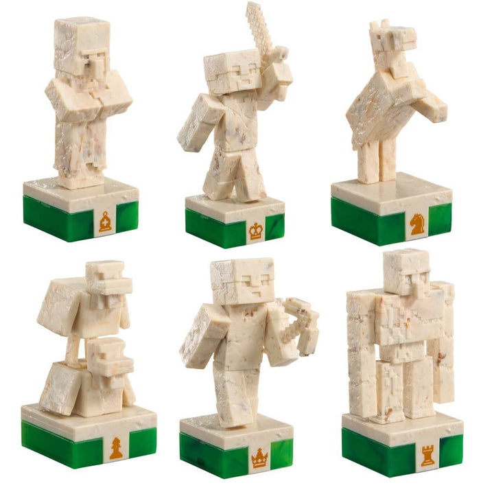 Minecraft Chess Set Overworld Heroes vs Hostile Mobs chess pieces featuring iconic characters on a green base.